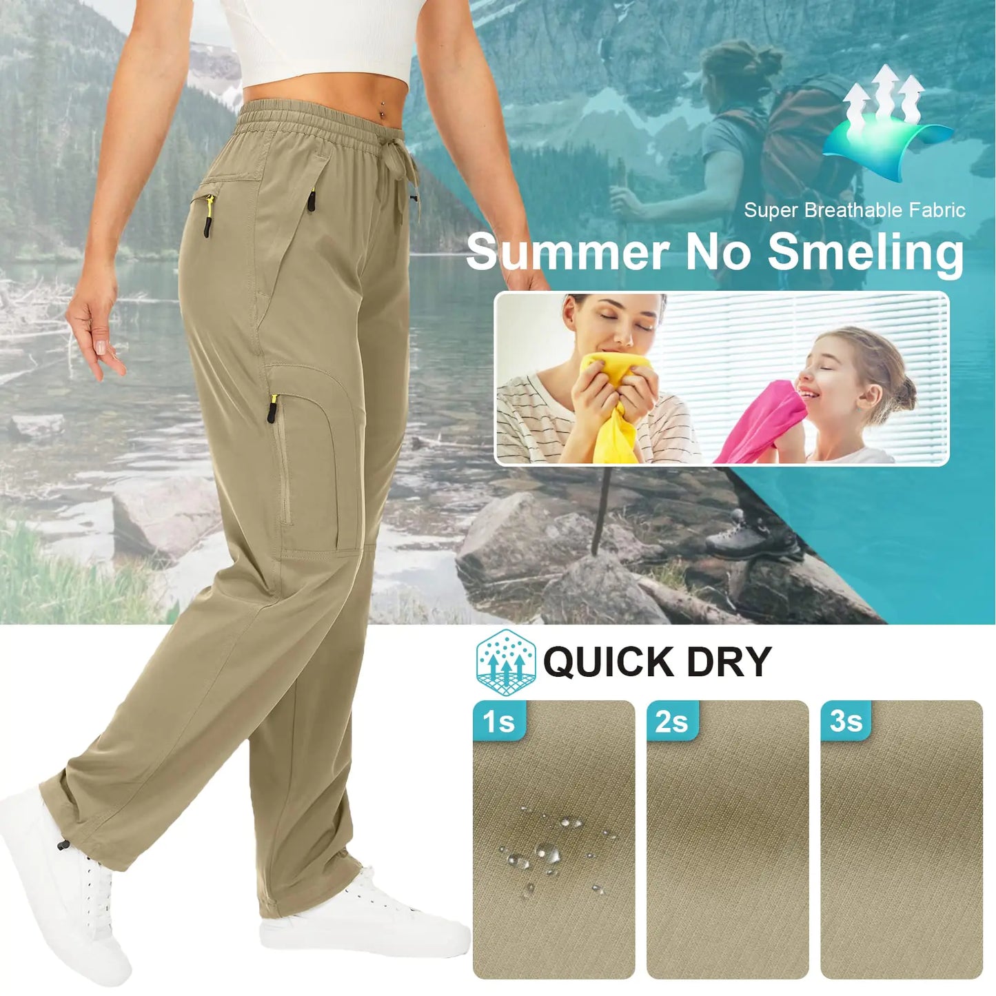 Womens Hiking Quick Dry Travel Camping Cargo Pants Zipper Pockets Khaki