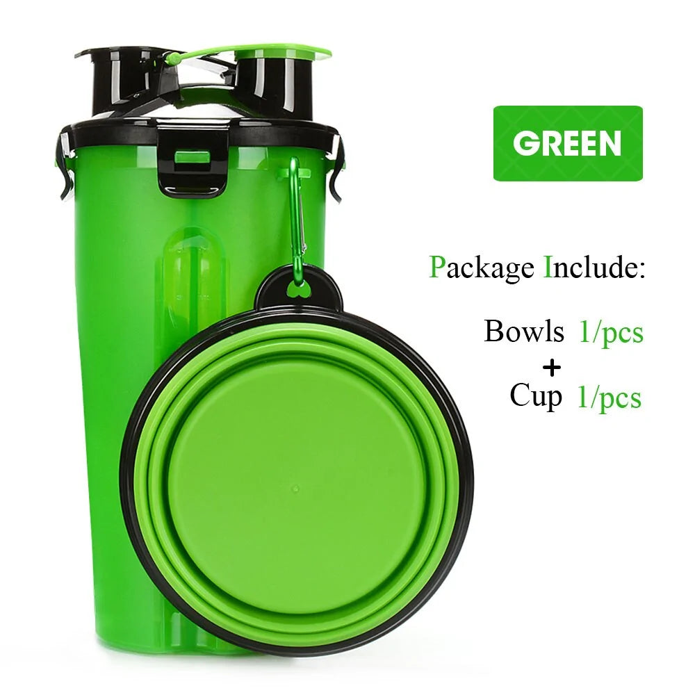 2 in 1 Pet Water Bottle Food Container With Folding Silicone Bowl