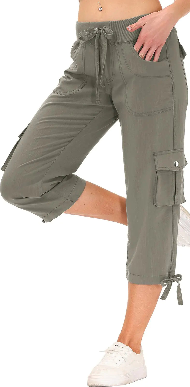 MoFiz Womens Capris with Pockets Loose Fit Casual Cargo Pants for Hiking Grey