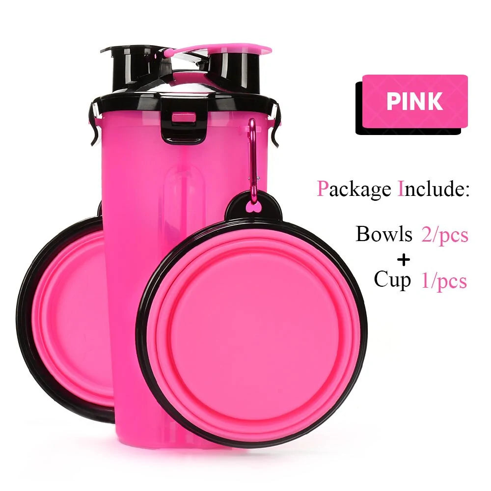 2 in 1 Pet Water Bottle Food Container With Folding Silicone Bowl