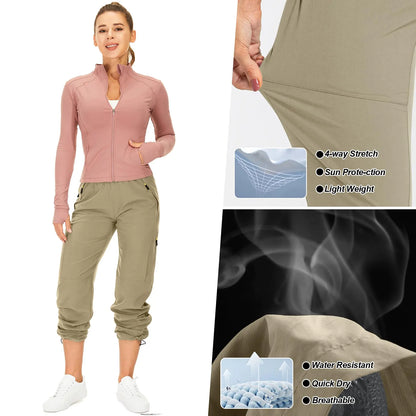 Womens Hiking Quick Dry Travel Camping Cargo Pants Zipper Pockets Khaki