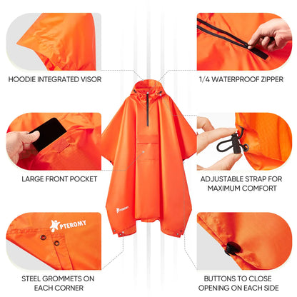 PTEROMY Hooded Rain Poncho with Pocket, Emergency Orange 1/4 Zipper