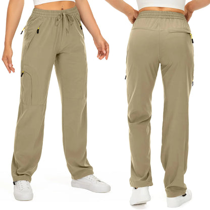 Womens Hiking Quick Dry Travel Camping Cargo Pants Zipper Pockets Khaki