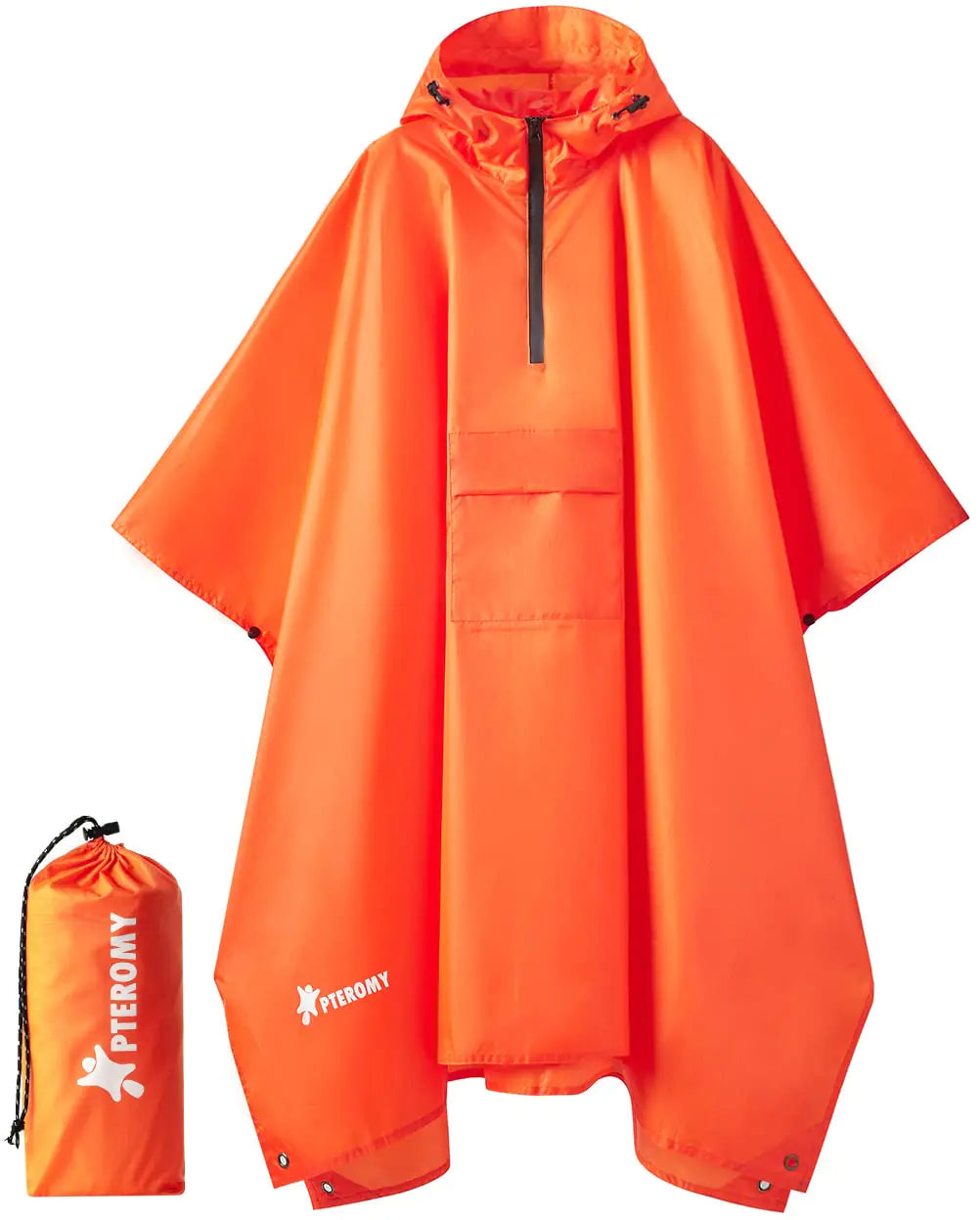 PTEROMY Hooded Rain Poncho with Pocket, Emergency Orange 1/4 Zipper