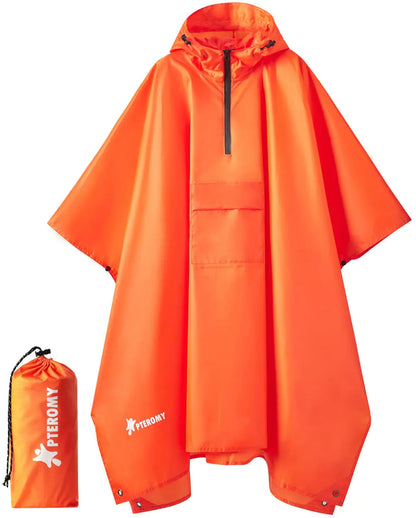 PTEROMY Hooded Rain Poncho with Pocket, Emergency Orange 1/4 Zipper