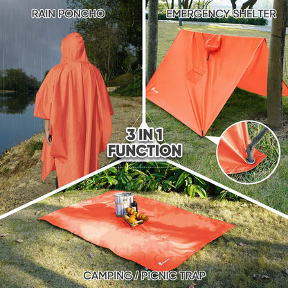 PTEROMY Hooded Rain Poncho with Pocket, Emergency Orange 1/4 Zipper