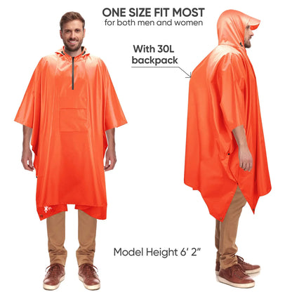 PTEROMY Hooded Rain Poncho with Pocket, Emergency Orange 1/4 Zipper