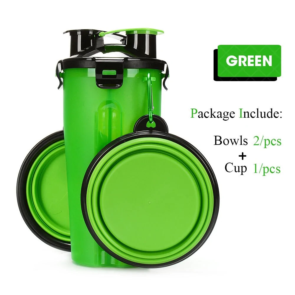 2 in 1 Pet Water Bottle Food Container With Folding Silicone Bowl